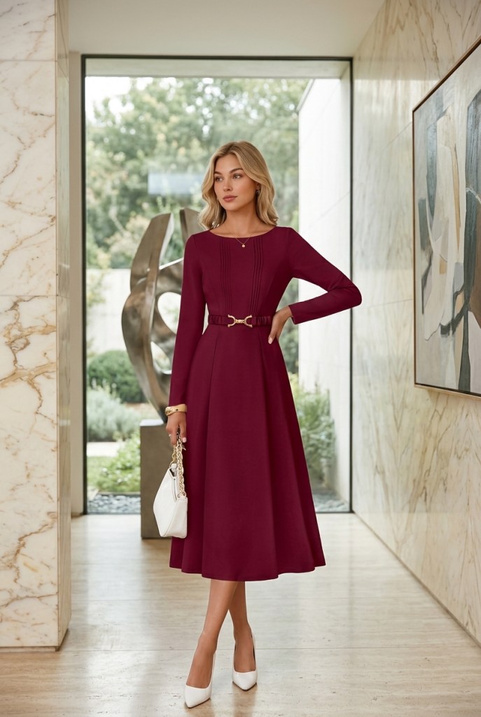A woman wearing a burgundy dress with a belt, standing in a modern interior with marble walls and a sculpture in the background.