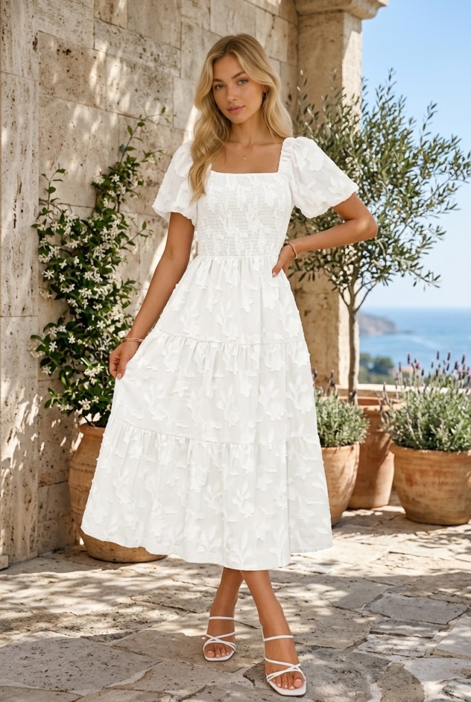 A young woman in a white floral dress with puff sleeves poses outdoors against a stone wall, surrounded by potted plants and a scenic view.